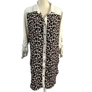 Umgee Tunic Mini Dress Blouse Brown Linen Blend Animal Print Size Large